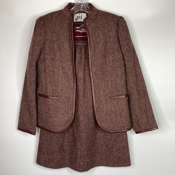 Vintage JH Collectibles Burgundy Wool Leather Trimmed Blazer Skirt Set Size 6 - Picture 1 of 16